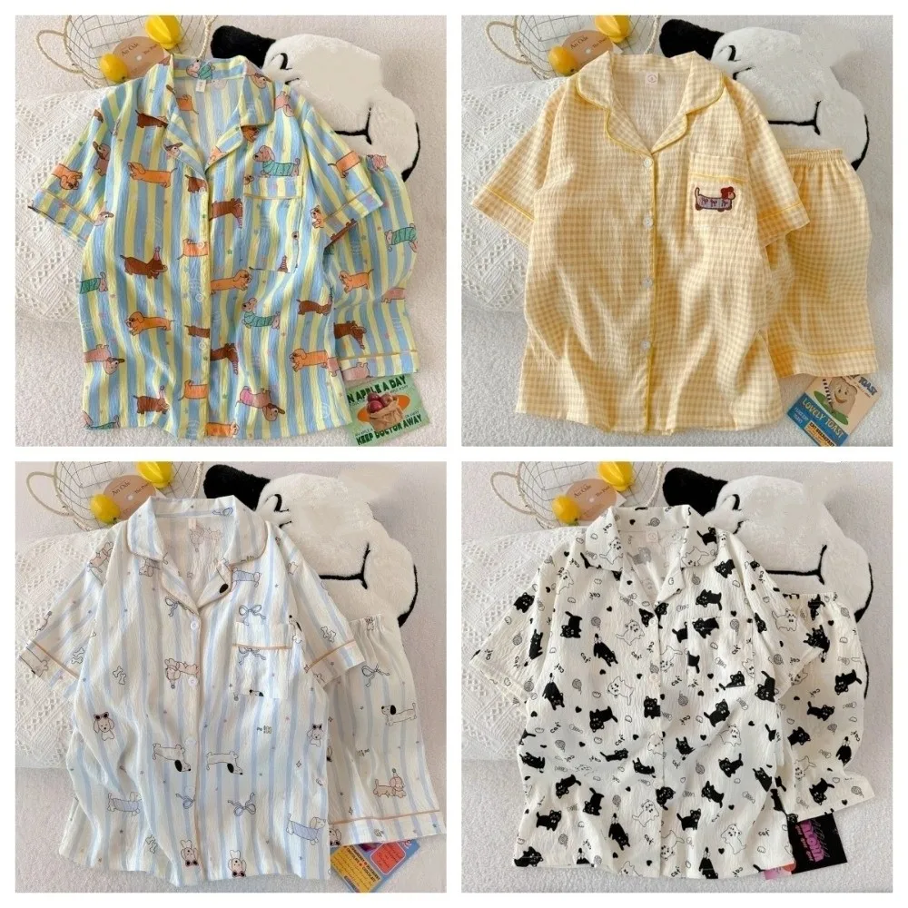 

Cute Short Sleeve Cartoon Pajamas Set Kitten Dog Cat Women Sleepwear Casual Shorts Loose Two Piece Nightwears Can Outdoor Wear