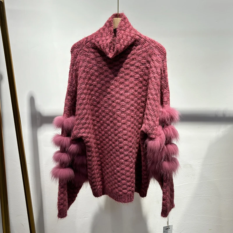 2025年冬 レディース ローズレッド 本物の狐の毛皮 ニットコート 本物の毛皮 秋 ニットジャケット セーター