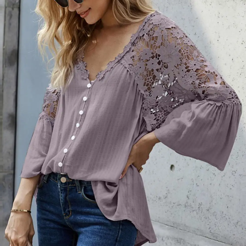 Elegant And Young Women's Long Sleeve Blouse Flare Sleeve Lace Blouses Women's Fashion Lace Back Hollow Out Female Blouses