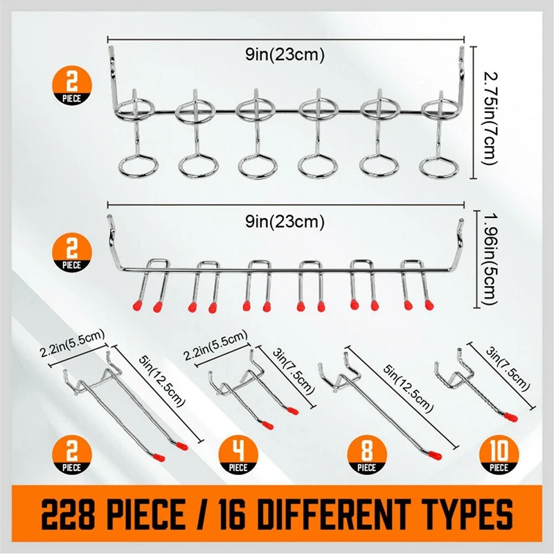 228 Pcs Pegboard Hooks Assortment With Metal Hooks Sets, Pegboard Bins, Peg Locks For Organizing Storage System Tools