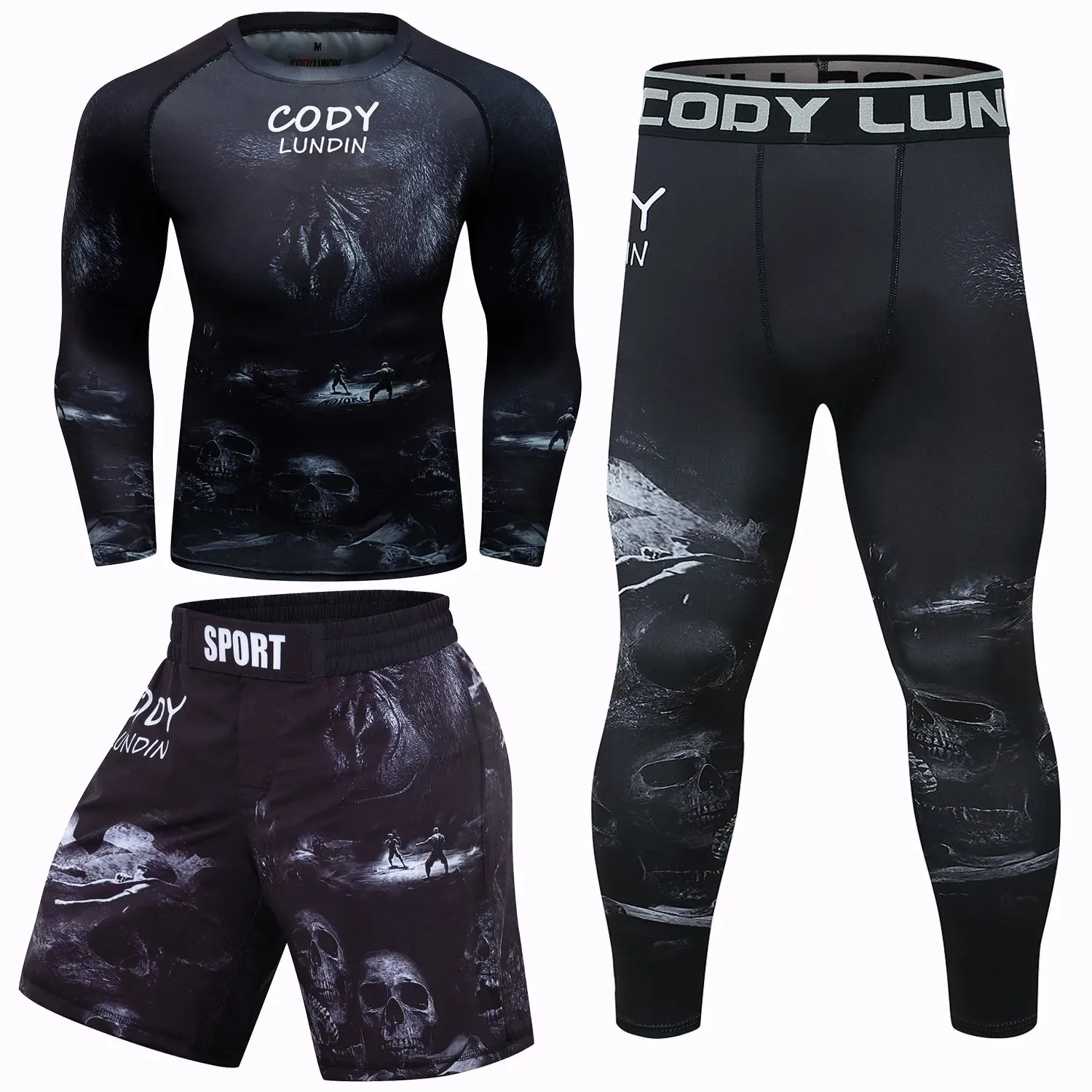 Skull Boxing MMA Compression Shirt+Pant Set BJJ No Gi Jiu Jitsu T-Shirt Rash Guard Exercise Training Suit Muay Thai Sport Shorts