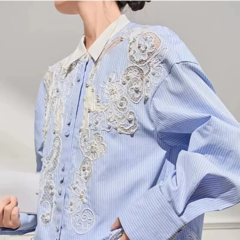 High-end Luxury Style Pearls Beaded Lace Embroidery Blue Stripe Shirts Blouses For Women Tops Woman Clothes