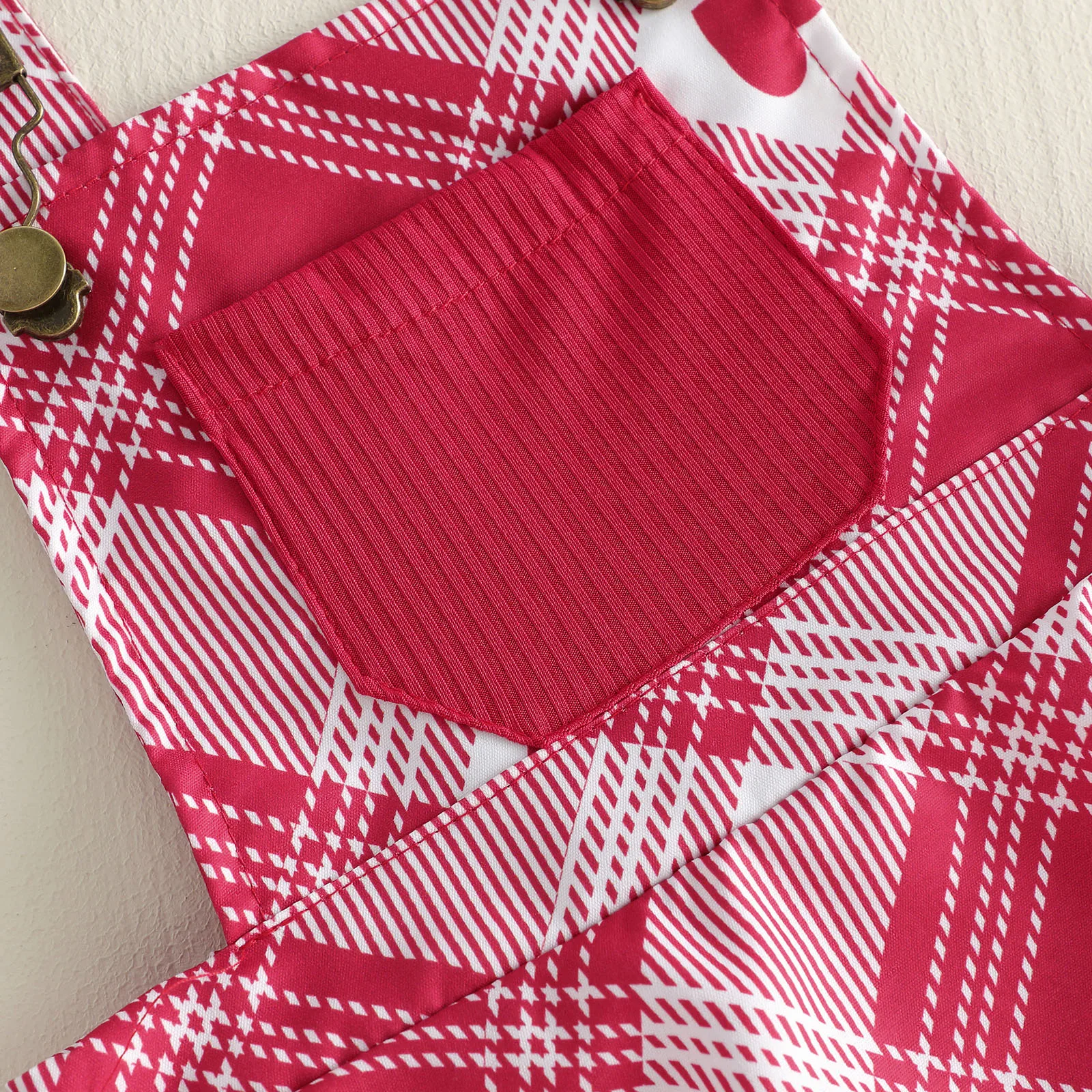 Toddler Girl Valentines Day Outfit Solid Ribbed Long Sleeve Tops and Heart Plaid Ruffled Overall Shorts Headband 3 Piece Set