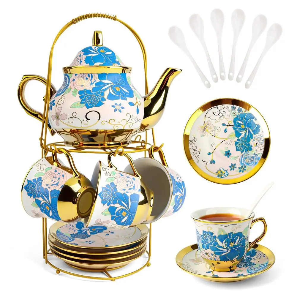 

20 Pcs Porcelain Tea Set with Metal Holder and Spoon, European Ceic Tea Set or Adults, European lower Painting Teapot Cup Saucer