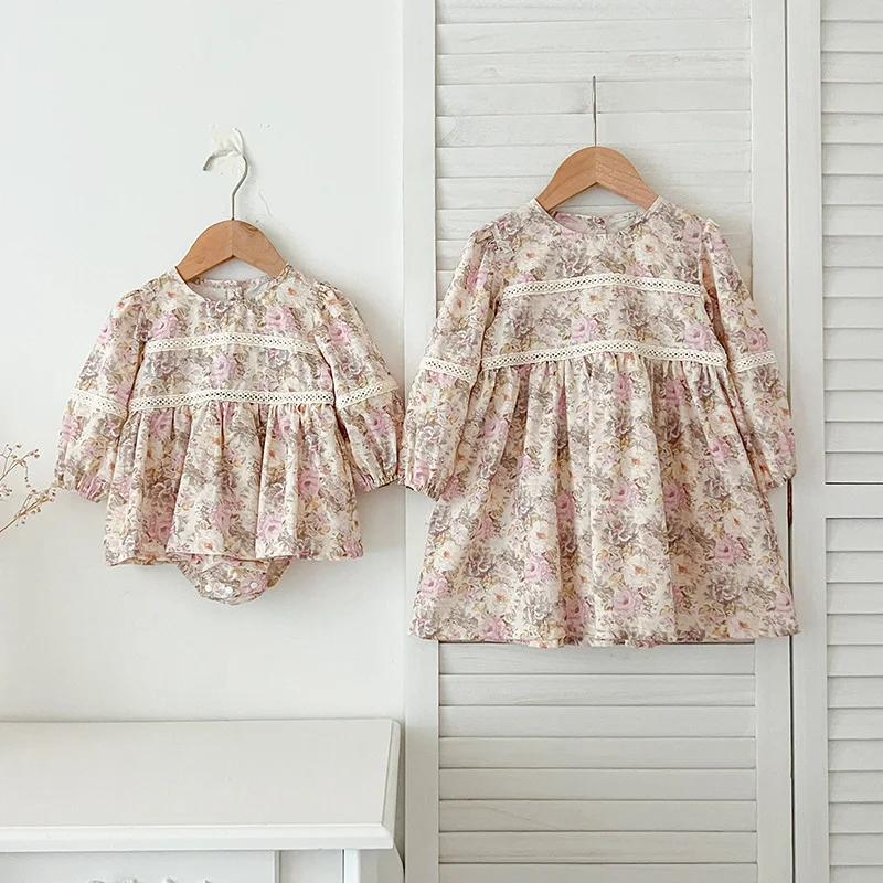 

2024 Vintage Flower Printing Baby Girl Dress Round Neck Floral Bodysuit Sisters Clothing Birthday Party Dresses Newborn Romper