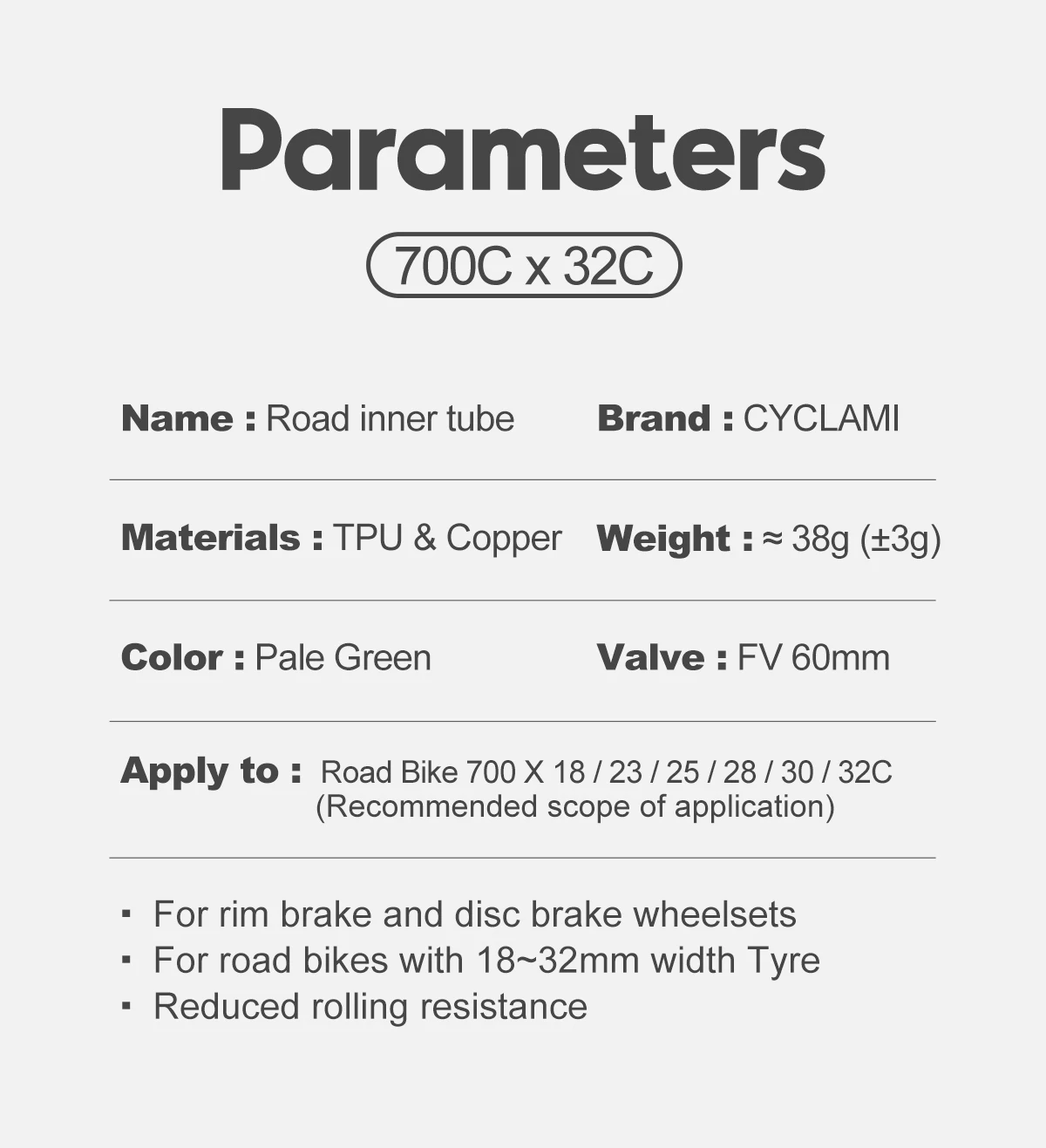 CYCLAMI Ultraleichter Fahrrad-TPU-Schlauch 700C 700 x 18 23 25 28 30 32 Rennrad-TPU-Material Reifen 45 mm 60 mm Länge französisches Ventil – Detail 4