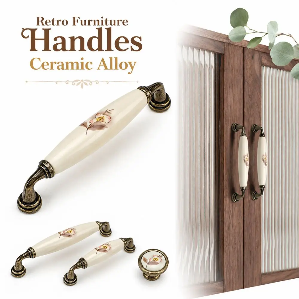 European Style Retro Knob Handle Floral Print Ceramic Alloy Furniture Cabinet Handles Sturdy Wardrobe Door Handle