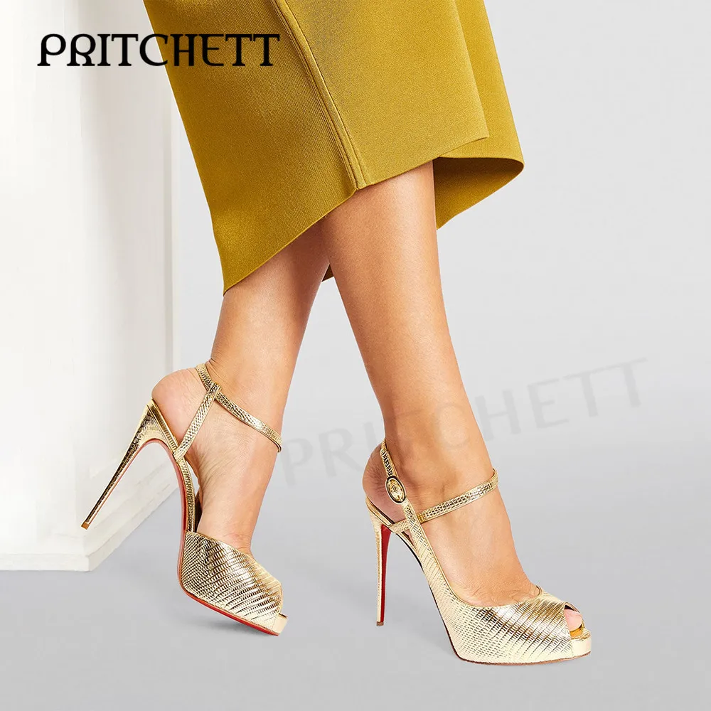 

Gold Textured Fish Mouth Sandals Round Toe Stiletto Heels Leather Ankle Buckle Straps Sexy High Heels Large Size Women's Shoes