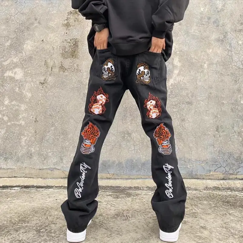 

Punk Skull Flame Embroidery Distressed Men Jeans Harajuku Streetwear Baggy Washed Denim Trousers Unisex 2022 Pantalon Homme w114