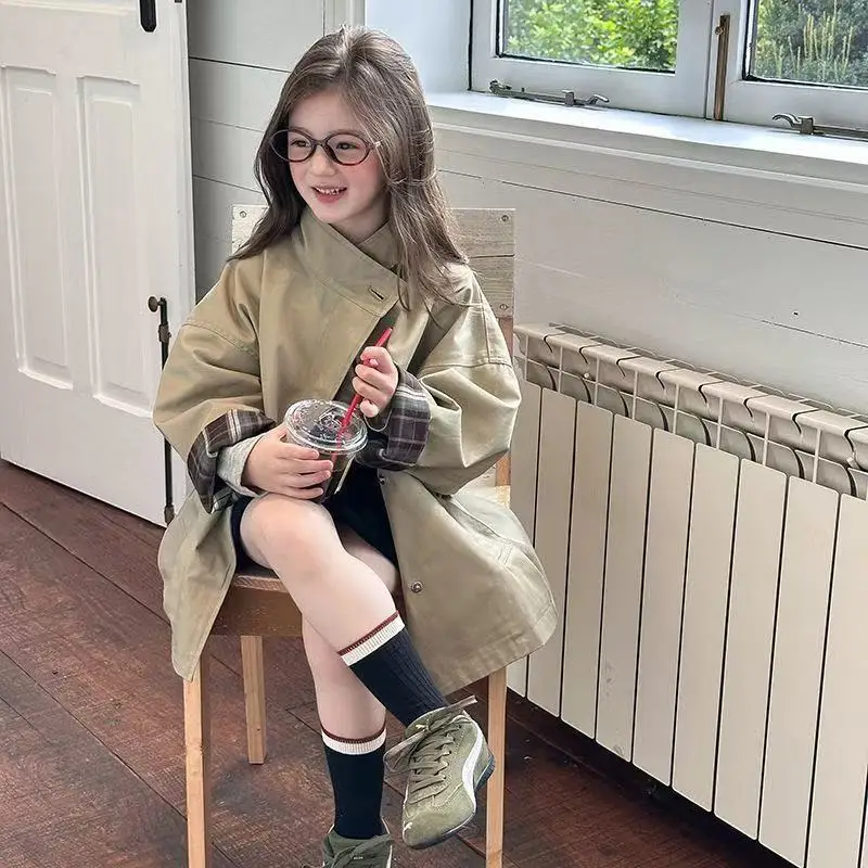 Girls' Trench Coat New Style Children's Spring and Autumn Casual Retro Mid Length Jacket 90-150cm