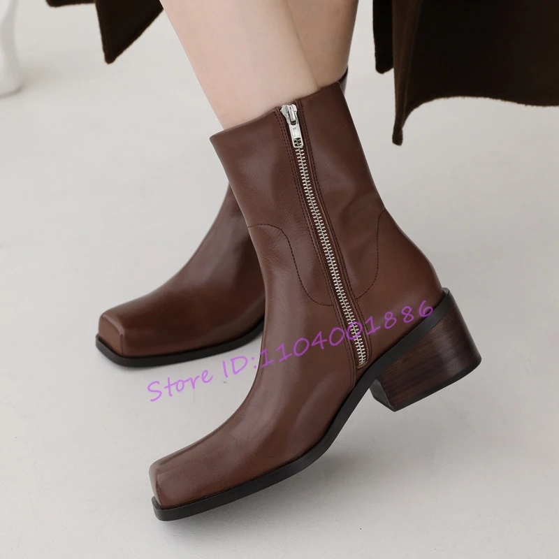 أحذية قصيرة بكعب سميك بمقدمة مربعة للنساء لربيع وخريف موضة جديدة بسحاب جانبي أحذية متوسطة الطول أحذية مريحة في الهواء الطلق #3