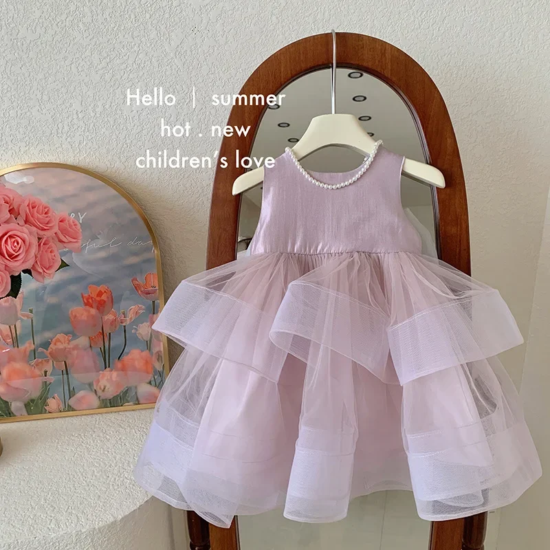 

Girls Round Neck Solid Color Sleeveless Summer Dress Cute Baby Girl New Mesh Sweet Children Princess Dresses With Bow