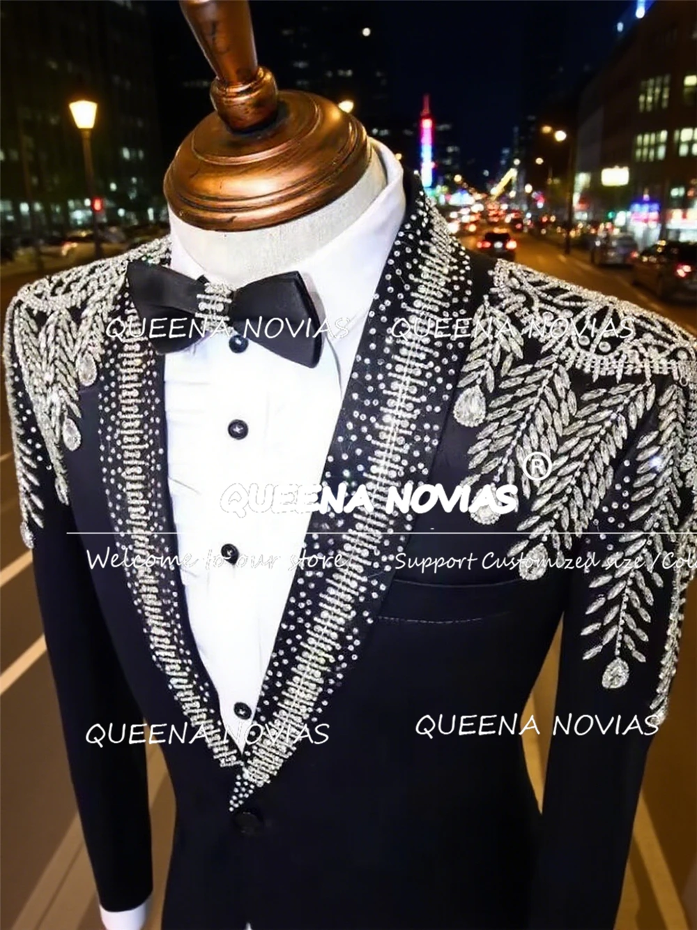 

Crystals Beaded Groom Wedding Suits Single Breasted Jacket Pants 2 Pieces Sets Costume Homme Man Banquet Dinner Party Tuxedos