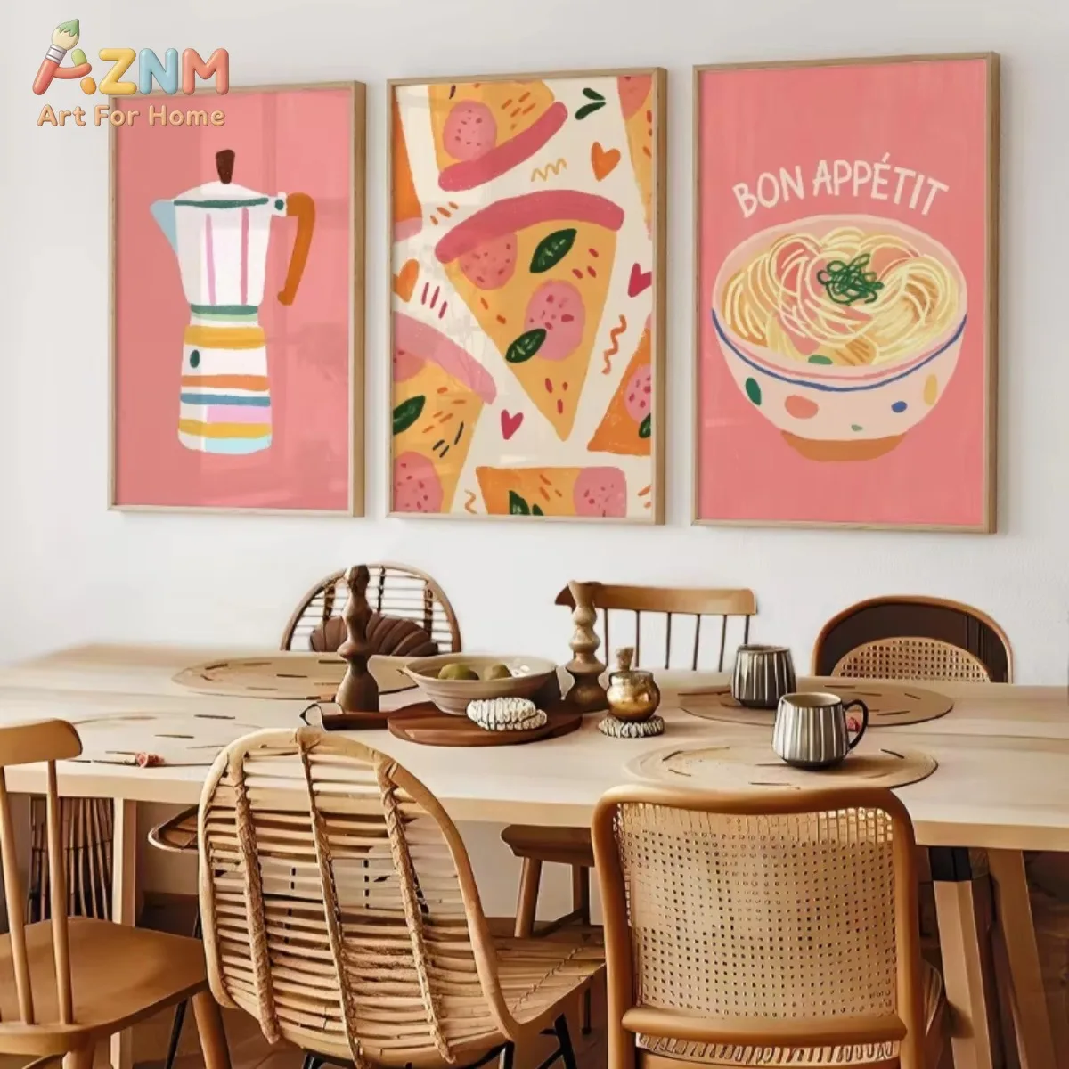 AZNM Pink Minimalist Food Art Wall Posters Slim Pizza 