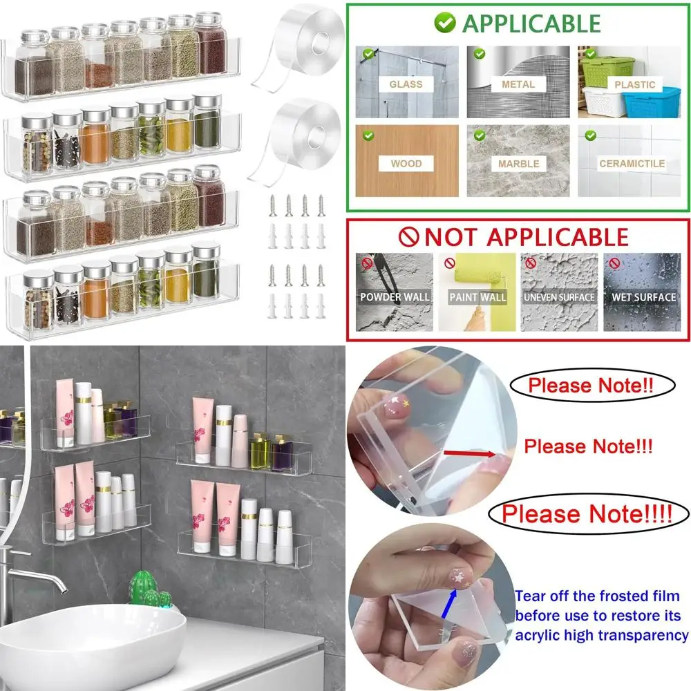 

Wall-Mounted Acrylic Spice Rack Organizer with 2 Nano Double-Sided Tapes, Clear 4-Pack for Kitchen Cabinet/Pantry Door Mounting