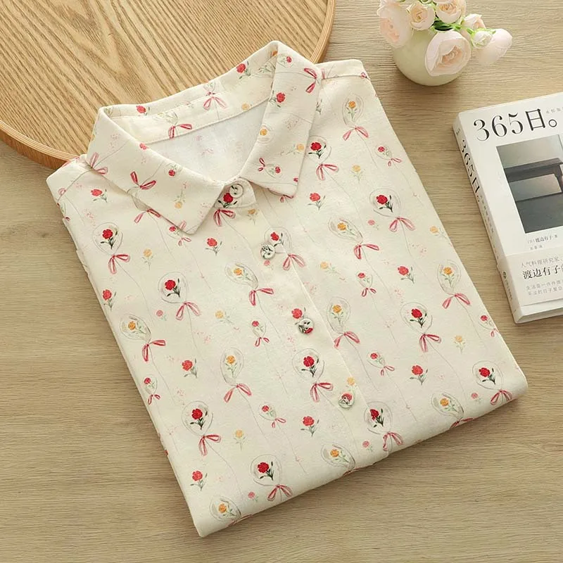 

Japanese Style Brushed Printing Shirt Women's Long Sleeve Spring Autumn Loose Cotton Tops All-match Base Shirt Wholesale S191