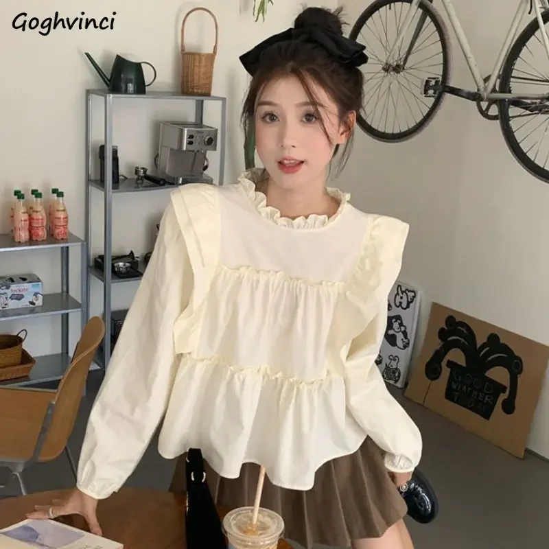 

Long-sleeved Blouses Women Sweet Ruffles Chic Folds Fashion Loose Casual Solid All-match Korean Style Young Female Temperament