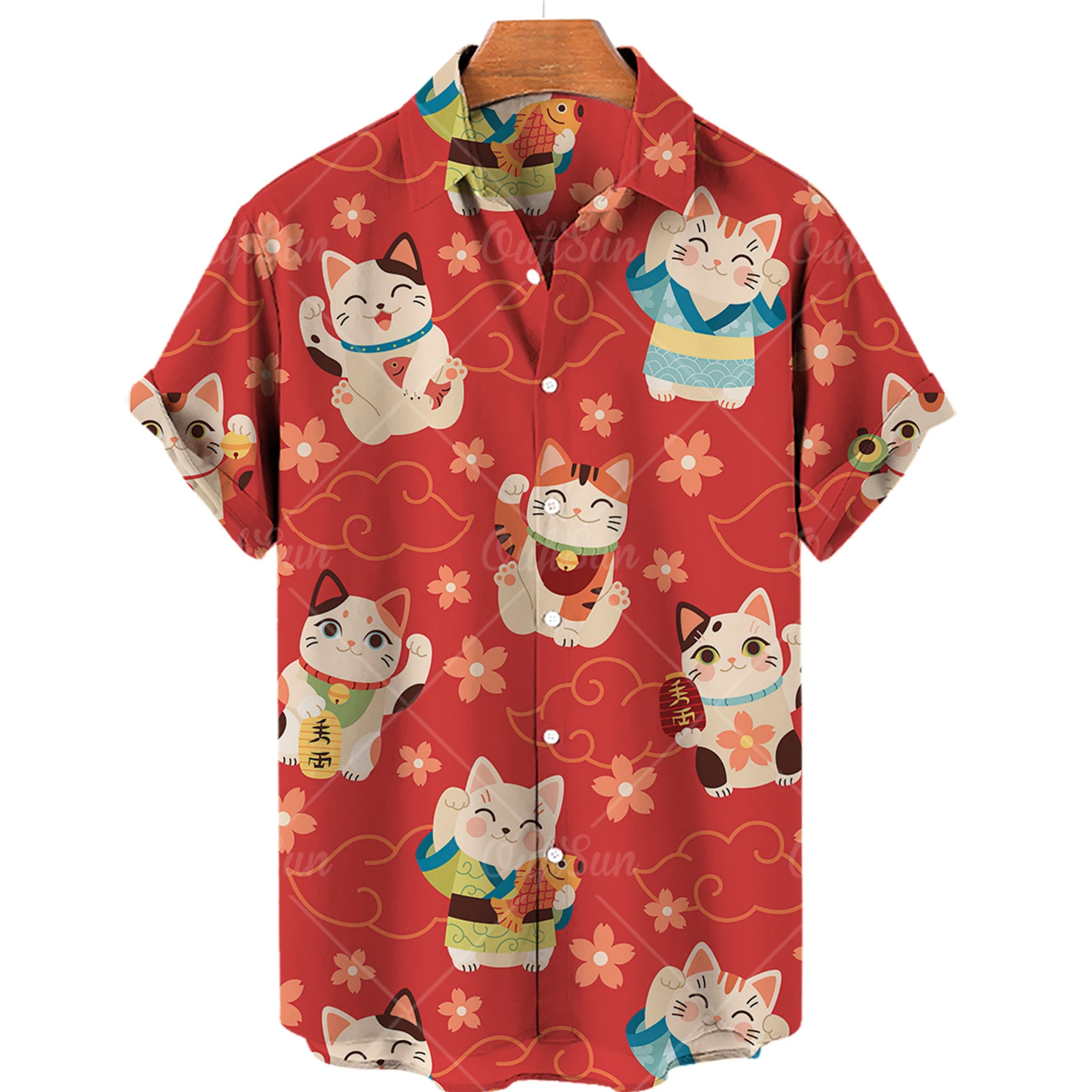 Hawaiian Short Sleeve Men\'s Shirt, Casual Shirt With Cute Cat Print, Lapel, V-neck, Beach, Summer, 5xl, 2024