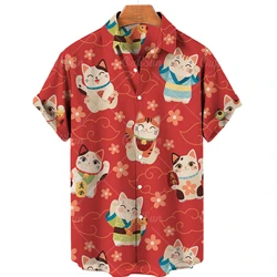 Hawaiian Short Sleeve Men's Shirt, Casual Shirt With Cute Cat Print, Lapel, V-neck, Beach, Summer, 5xl, 2024