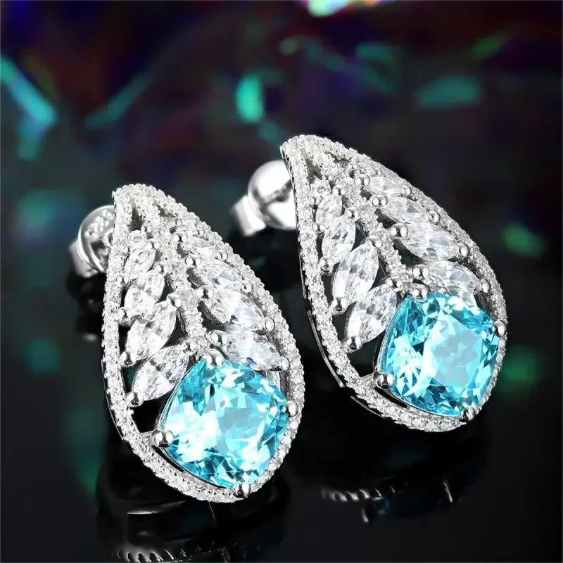 Pirmiana 2023 Hot Sale7.77ct  Cushion Shape Lab Grown Paraiba Sapphire S925 Silve Earrings Engagement Women