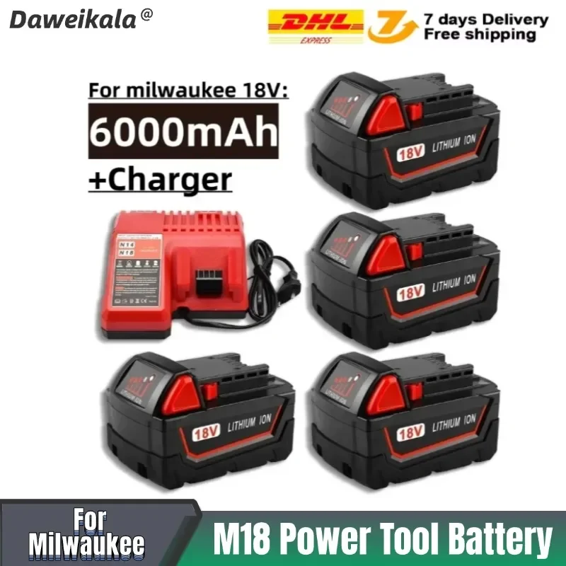 Daweikala 2025 18V, 6000mAh For Milwaukee M18 Power Tool Battery, Charger, BR, XC, M18B5, 48-11-1860, Built-in 21700 Battery