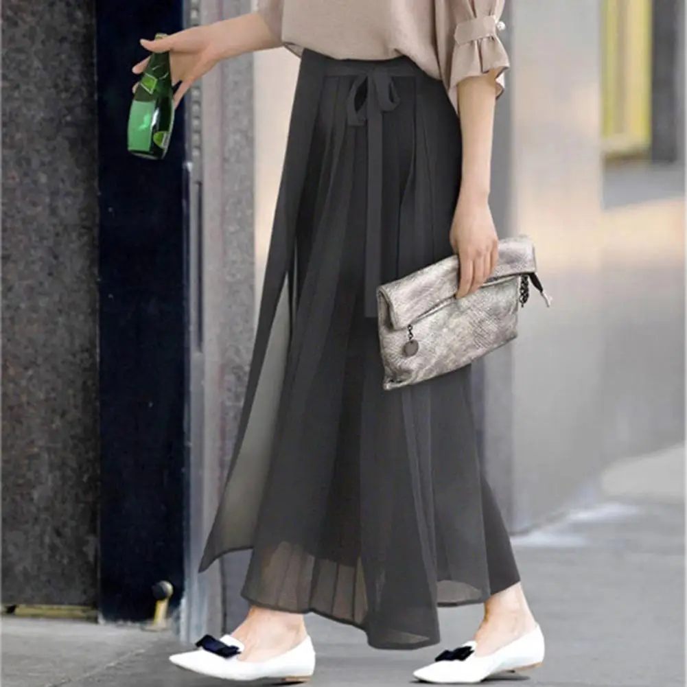 

Loose Fit Chiffon Pants Elegant Women's Pleated Chiffon Culottes with Lace-up Bowknot Detail Loose Fit Wide Leg for Spring