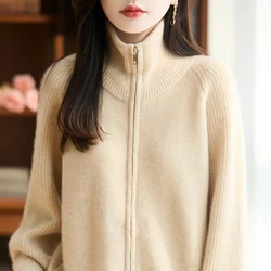 Autunno e inverno nuovo maglione Cardigan in pura lana 100% lavorato a maglia da donna di alta qualità con colletto in piedi maglione cappotto in Cashmere da donna