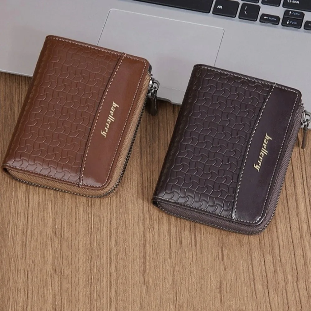 

Leather Men's Short Wallet English Letter Urban Recreational Style Anti-theft Cash Bag Zipper Card Bag ID Badge Holder
