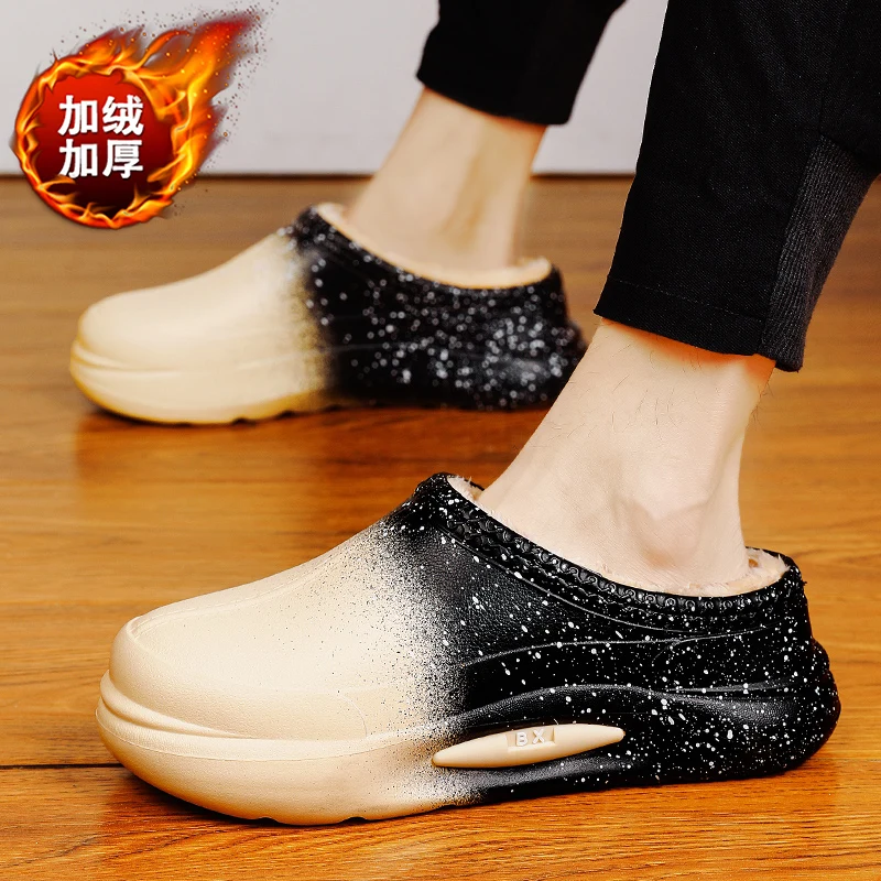 Warm Winter Men Plush Fur Clogs Slippers Furry Slippers Waterproof Concise Indoor Winter House Cotton Shoes Casual Fluffy Slides