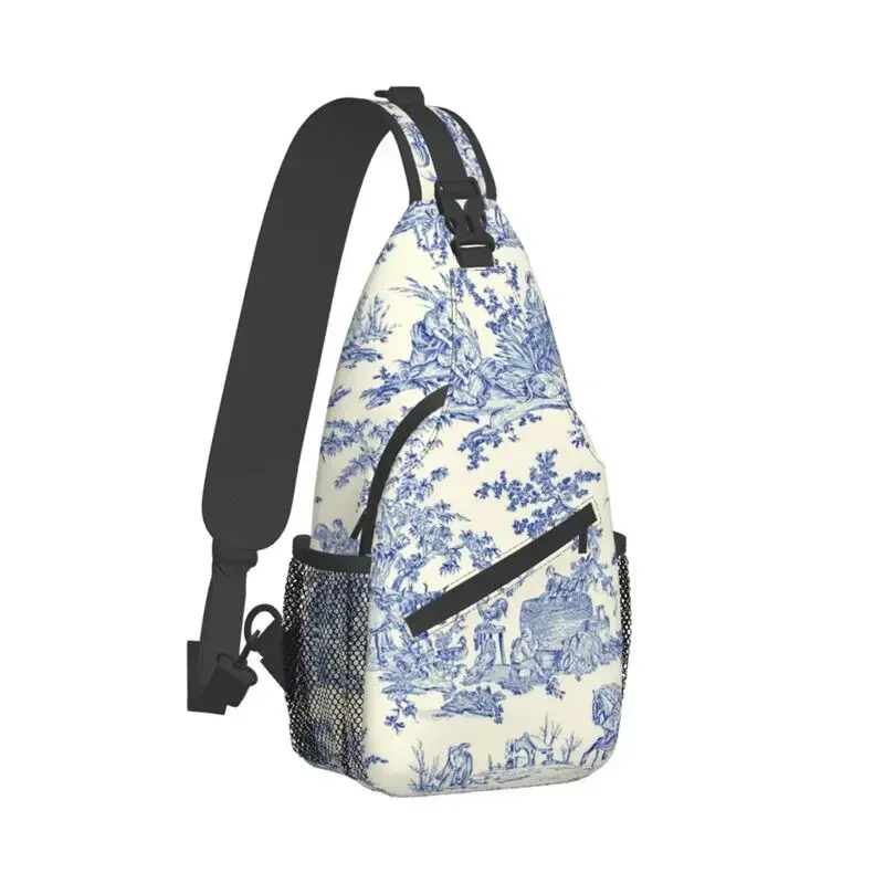 Traditional Navy Blue Toile De Jouy Motif Sling Chest Bag Custom Crossbody Shoulder Backpack for Men Cycling Camping Daypack