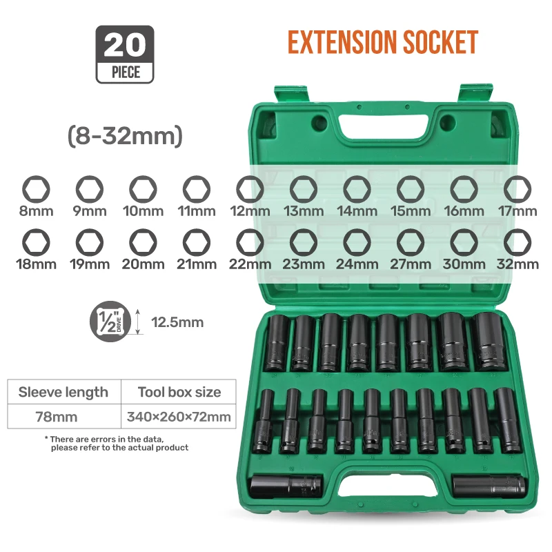 

Hi-Spec 20PCS Set 1/2Inch Extension Socket Hexagonal Impact Sleeve Set 8-32mm Cro-v Steel Impact Socket Set for Car Repair