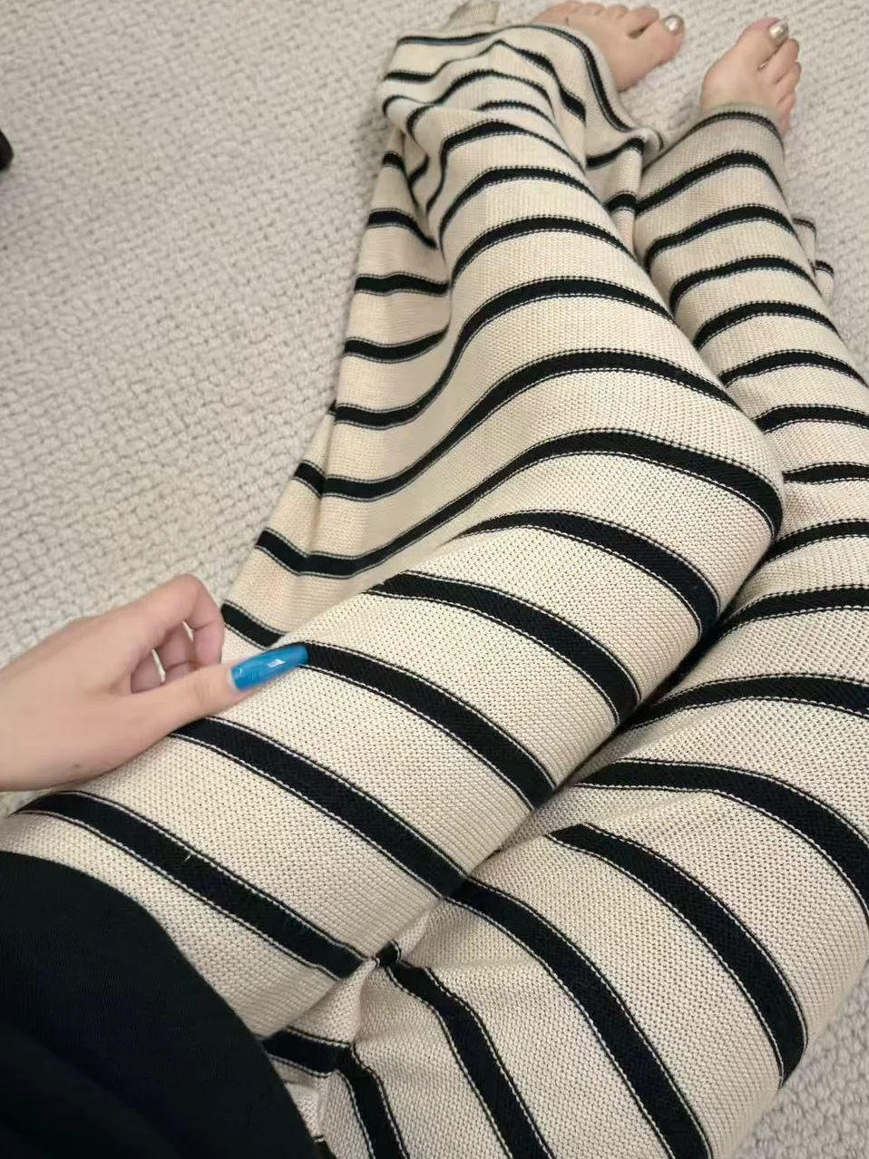 Comfortable Hollow out Knitted Wide Leg Pants Summer Drapey Lazy Casual Trousers High Waist Elastic Waistband Stripe Pattern