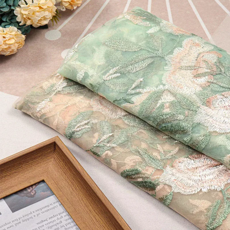 Beautiful soft mesh Peony flower Embroidered lace fabric French Tulle Dress Fabric DIY Clothing  Material