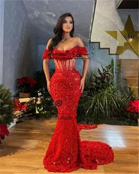 Vestidos De Fiesta De sirena con lentejuelas Rojas brillantes para mujer, Vestidos De Fiesta De noche sin hombros, Vestidos De Fiesta largos con purpurina