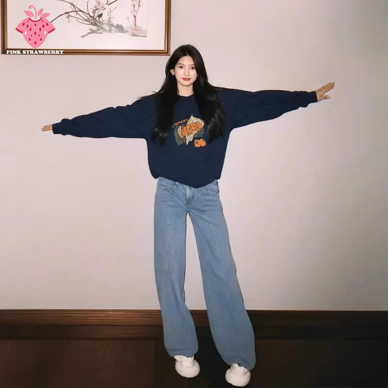 

Navy Blue Round neck Hoodie Women Autumn Winter 2025 New korean Popular Sweatshirt Plush Warm Hoodie Y2K Top Female clothing