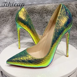 Tikicup Shiny Green Crocodile Effect Women Sexy Pointy Toe High Heel Shoes Fashion Designer Ladies Slip On Stiletto Pumps