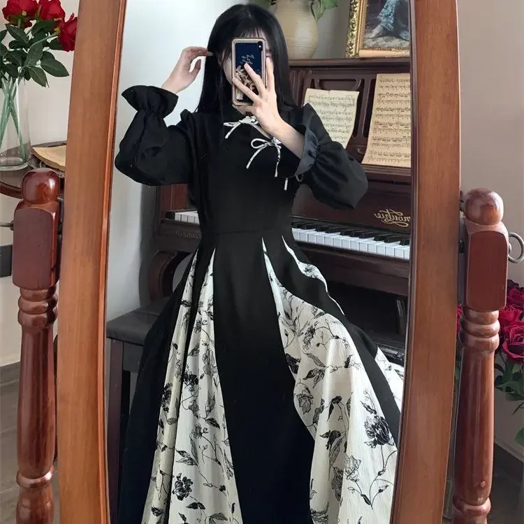 جديد النمط الصيني المرأة فستان تشيباو طويل التخسيس الخصر تصميم الركبة طول كم كامل الوقوف طوق الإمبراطورية الخصر فستان