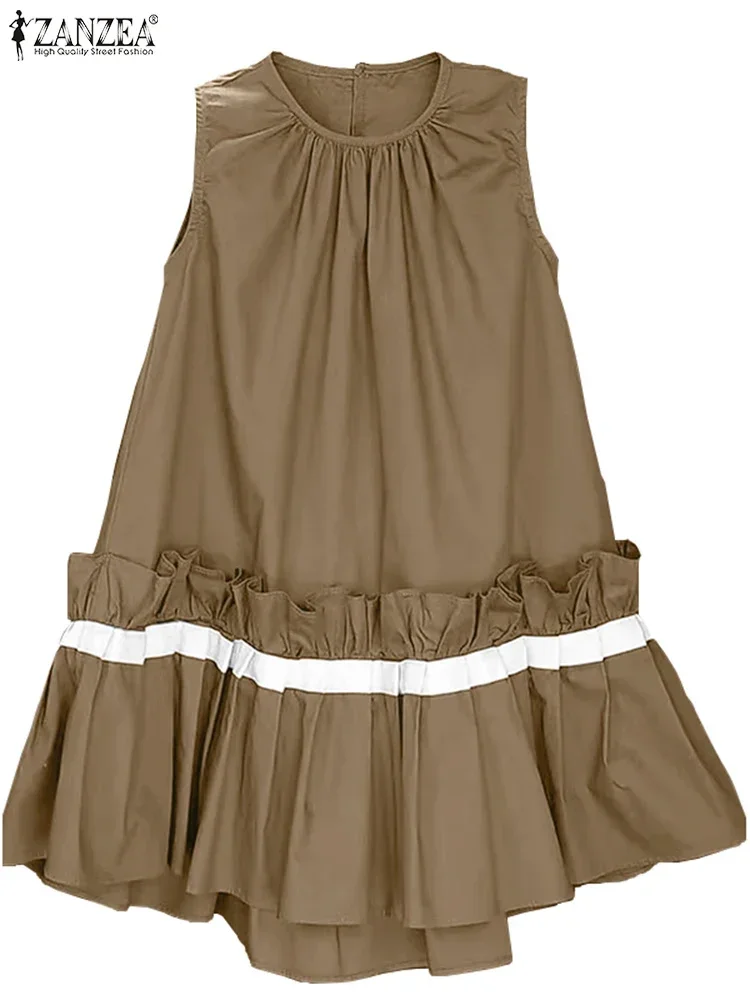ZANZEA été sans manches Robe débardeur mode volants couture plissée Robe 2025 col rond Mini Robe décontracté coréen Sweety Robe d'été