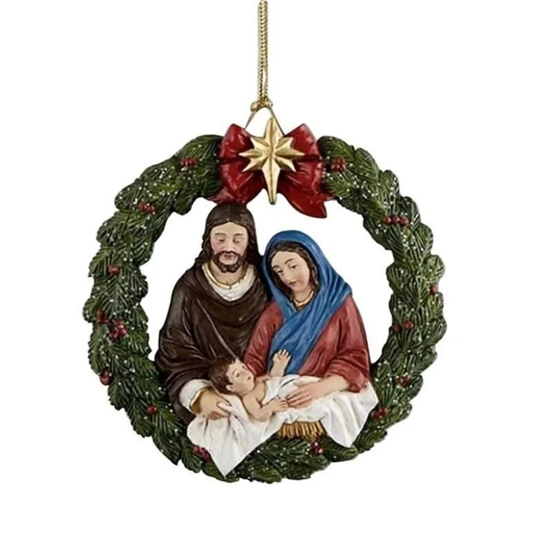 

E8BD Acrylics Nativity Scene Christmas Wreath Hanging Ornament for Christmas Tree