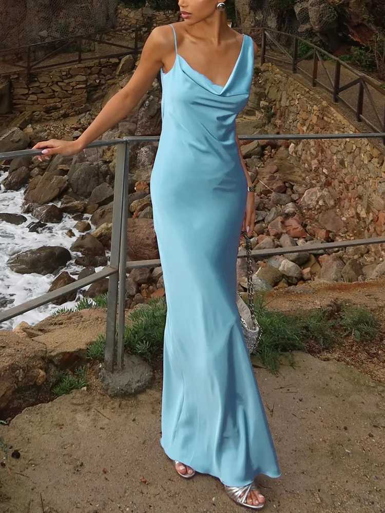 

Whatiwear Smooth Elegant Maxi Dress Women Swing Collar Irregular Shoulder Strap Backless Vacation Beach Party Fashion Clubwear