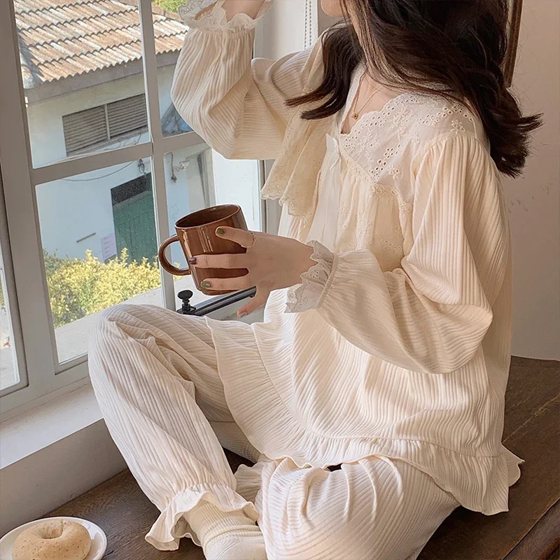 Korean Style Cotton Pajama Sets Square Collar Long Sleeve Trousers Women Solid Color Kawaii Trendy Womens 2pcs Pyjama Elegant