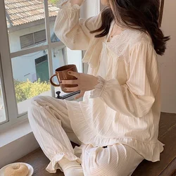 Korean Style Cotton Pajama Sets Square Collar Long Sleeve Trousers Women Solid Color Kawaii Trendy Womens 2pcs Pyjama Elegant