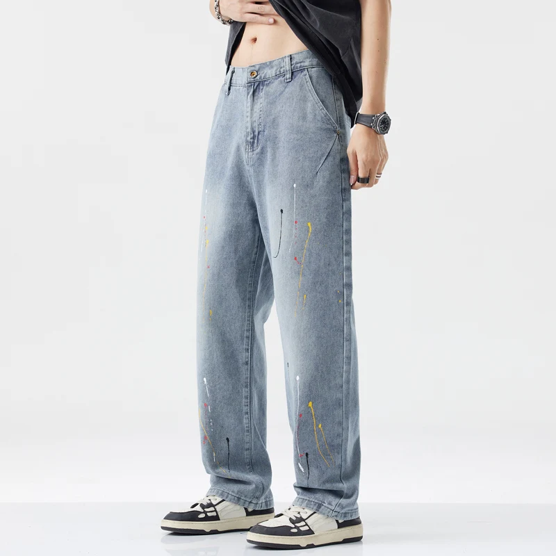 

Paint Spots Painted Men's Straight Jeans Personalized Korean Fashion Baggy Wide Pants Streetwear Male Denim Trousers