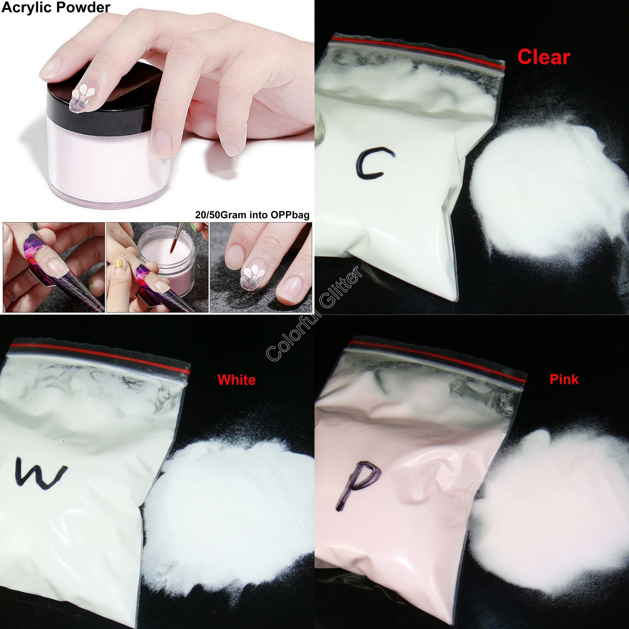 Clear White Pink Color Acrylic Dust Powder Pigments for DIY Acrylic Manicure Nail Tips System Materials