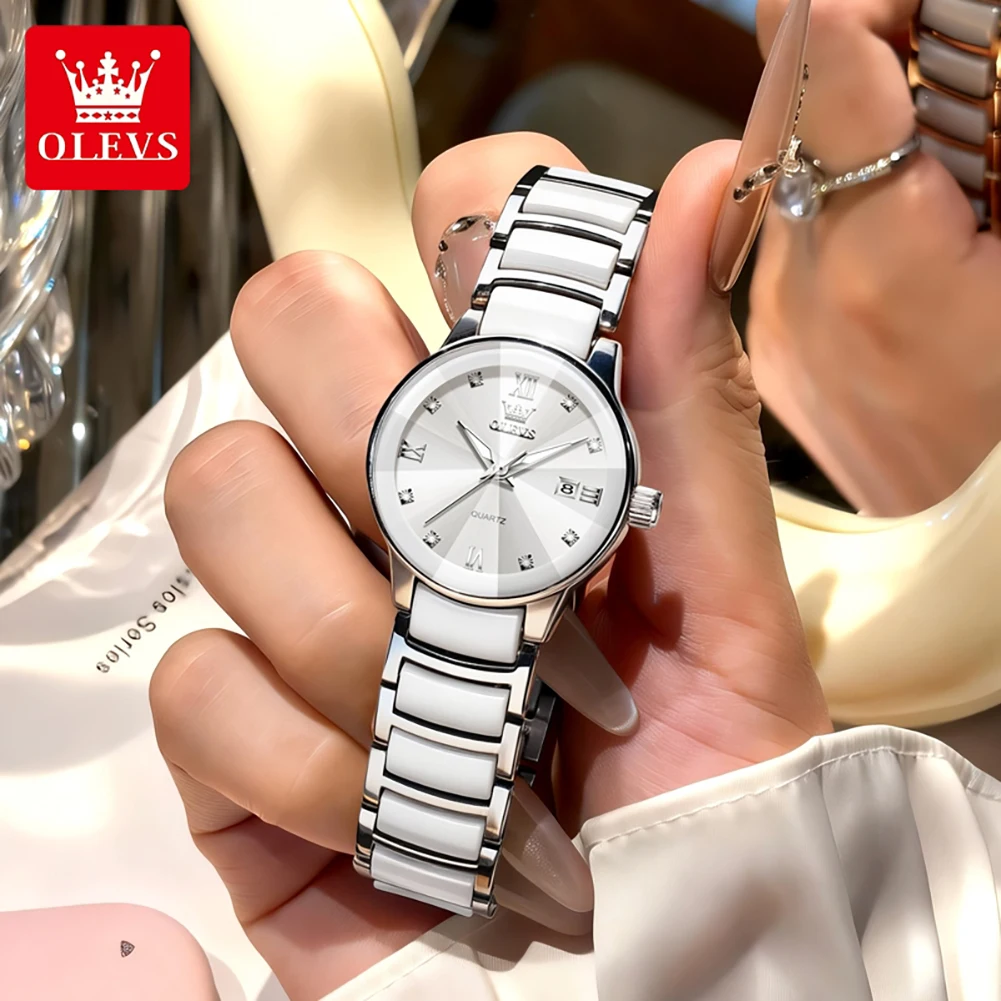 OLEVS 7114 Ladies Quartz Watch Roman Numerals Waterproof Elegant Dress Watches for Women Steel Strap Large Dial