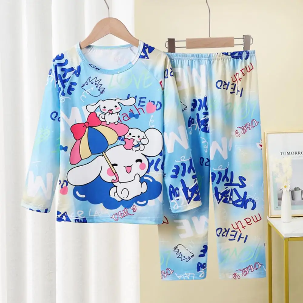 Pijamas Kawaii de Anime Sanrios Kuromi para niños, pantalones de manga larga con melodía Cinnamoroll de estilo fino de verano, regalo para el hogar para niños y niñas de dibujos animados