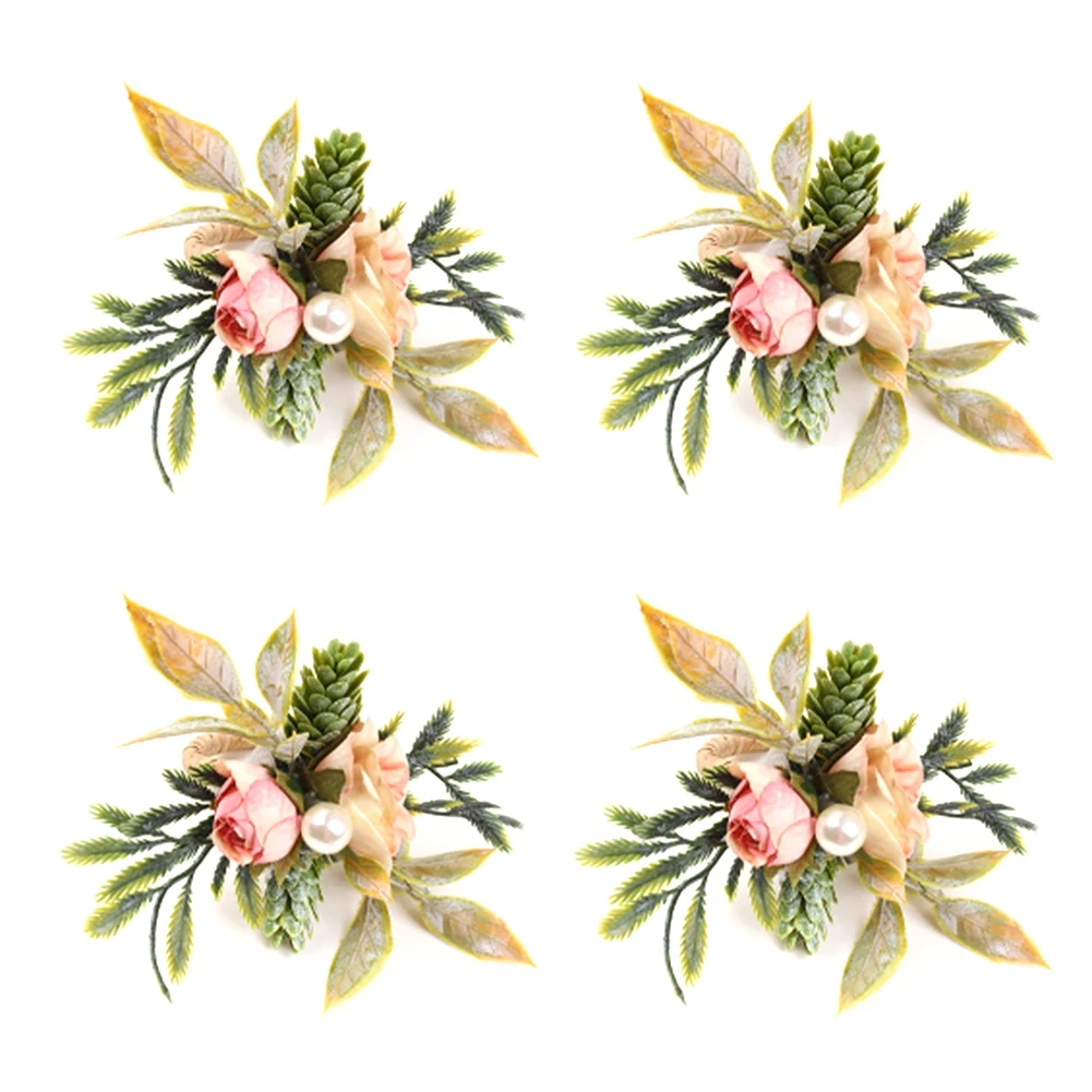 Quality! Double Rose Napkin Rings Set of 4, Pink Flower Napkin Rings with Berries and Green Leaves Handmade Napkin Ring Holders