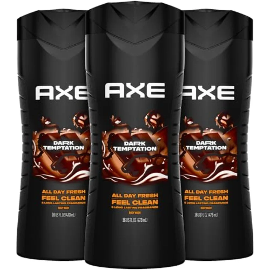 Gel de Ducha AXE para Hombre, Dark Temptation, Paquete de 3, Aroma a Chocolate Refrescante de 12 Horas, 16 Onzas Líquidas Cada Uno, Ideal para Uso Diario, Fragancia Duradera