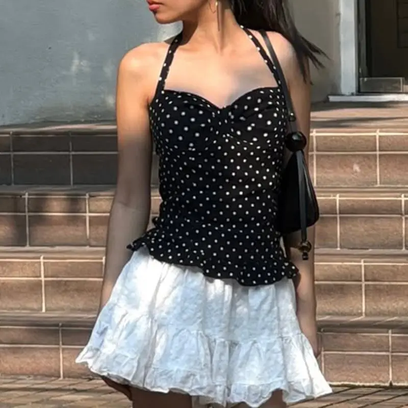 

Onalippa 2025 French Polka Dot Girl Waist Cinched Ruffle Edge Hanging Neck Strap Pure Sweet BM Chest Slimming Vest Top