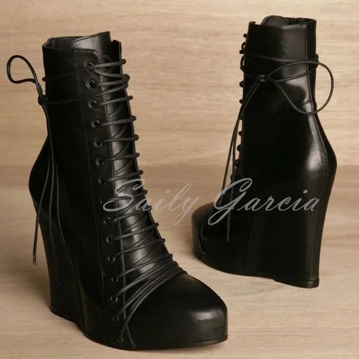

Black Leather Wedge Heel Ankle Boot Women Round Toe Platform Front Lace Up Super High Heel Side Zipper Trendy Short Boot
